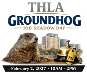 Groundhog with a gold service bell and keys beside a city hotel backdrop; promotes THLA Groundhog Job Shadow Day, Feb 2, 2027, 10AM–2PM.