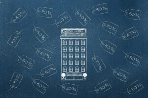 Chalkboard-style illustration of a tall grand hotel surrounded by floating discount tags from 30% to 70% on a blue background