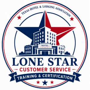 Logo for Lone Star Customer Service: circular badge with a blue and red star, hotel building in the center, and 'Training & Certification' ribbon at the bottom.