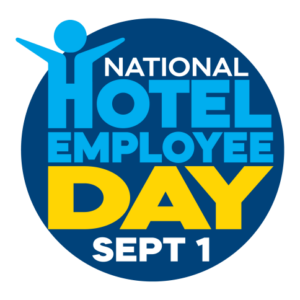 Circular badge announcing National Hotel Employee Day on September 1 with a stylized person celebrating and bold blue and yellow text